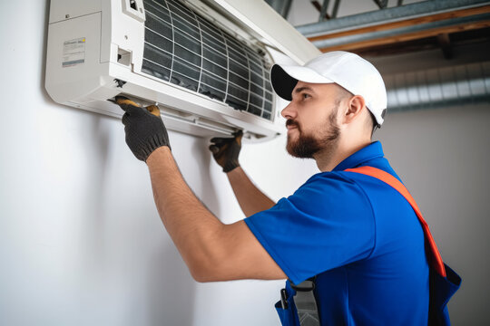 Air conditioning technician servicing a wall-mounted AC unit in Gilbert, AZ