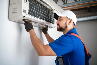 Air conditioning technician servicing a wall-mounted AC unit in Gilbert, AZ
